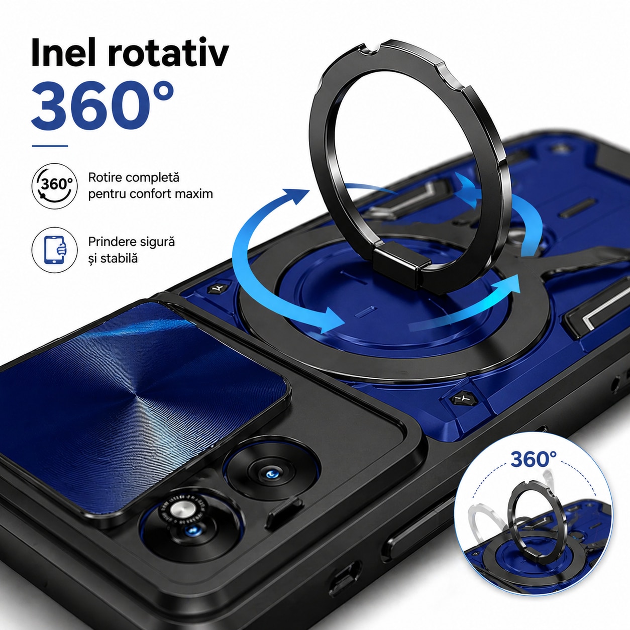 Husa Compatibila cu Motorola Edge 70 Fusion, Antisoc, Inel Rotativ 360, Stand, Protectie Camera, Albastru, ALC MOBILE