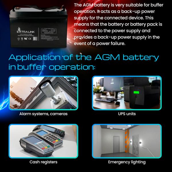 Baterie plumb-acid pentru UPS, Extralink, AGM, 12V, 100Ah, Fara intretinere, Pentru o sursa neintreruptibila, VRLA, Extern, Negru