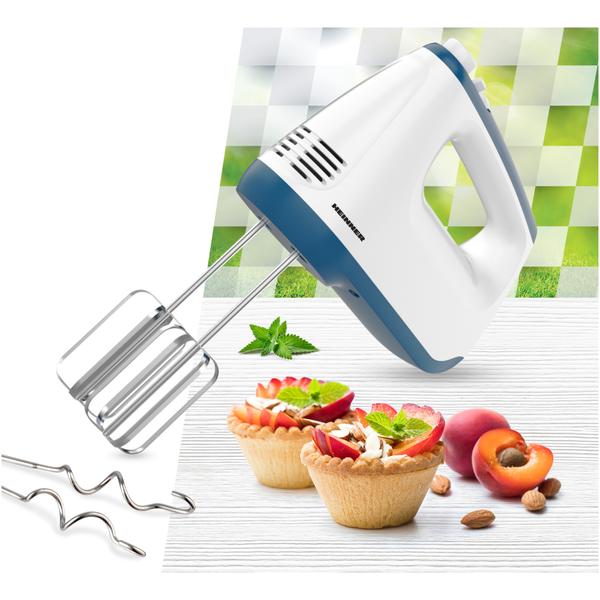 Mixer de mana Heinner HM-400BL, 400 w, 2 teluri si 2 carlige din inox, 6 viteze + turbo, self stand, Albastru