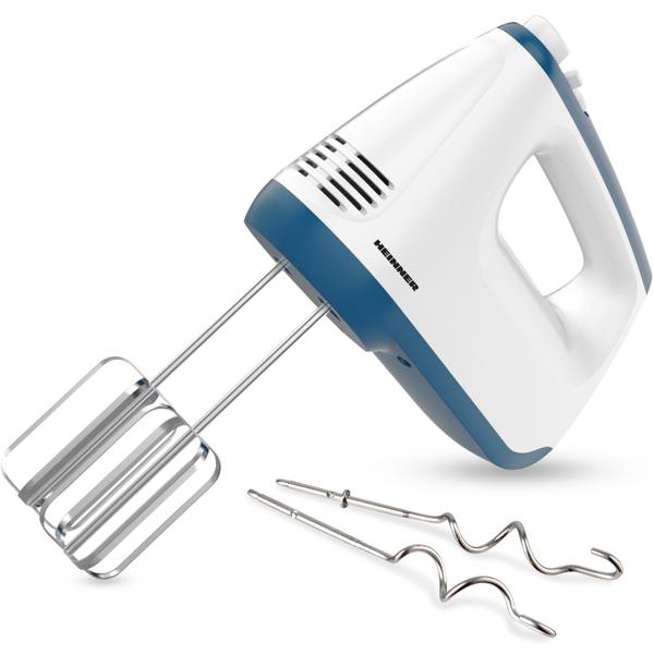 Mixer de mana Heinner HM-400BL, 400 w, 2 teluri si 2 carlige din inox, 6 viteze + turbo, self stand, Albastru