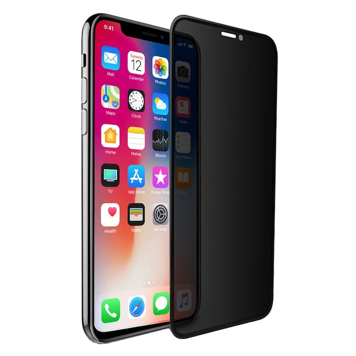 Folie sticla pentru iPhone 11 PRO, Privacy, 5D, securizata cu rama metalica, protectie ecran si margini curbate, Negru