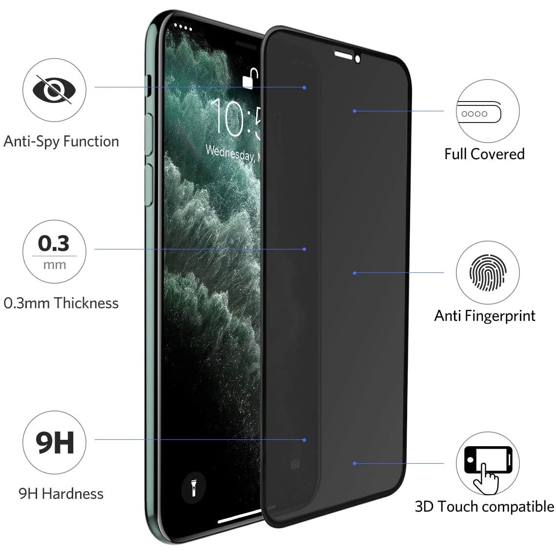 Folie sticla pentru iPhone 11 PRO, Privacy, 5D, securizata cu rama metalica, protectie ecran si margini curbate, Negru