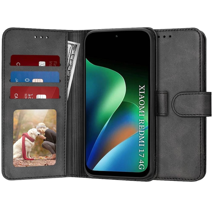 Husa pentru Xiaomi Redmi 17 4G, 5G tip carte 360 Kickstand Portofel Multifunctional, Protectie Completa, negru
