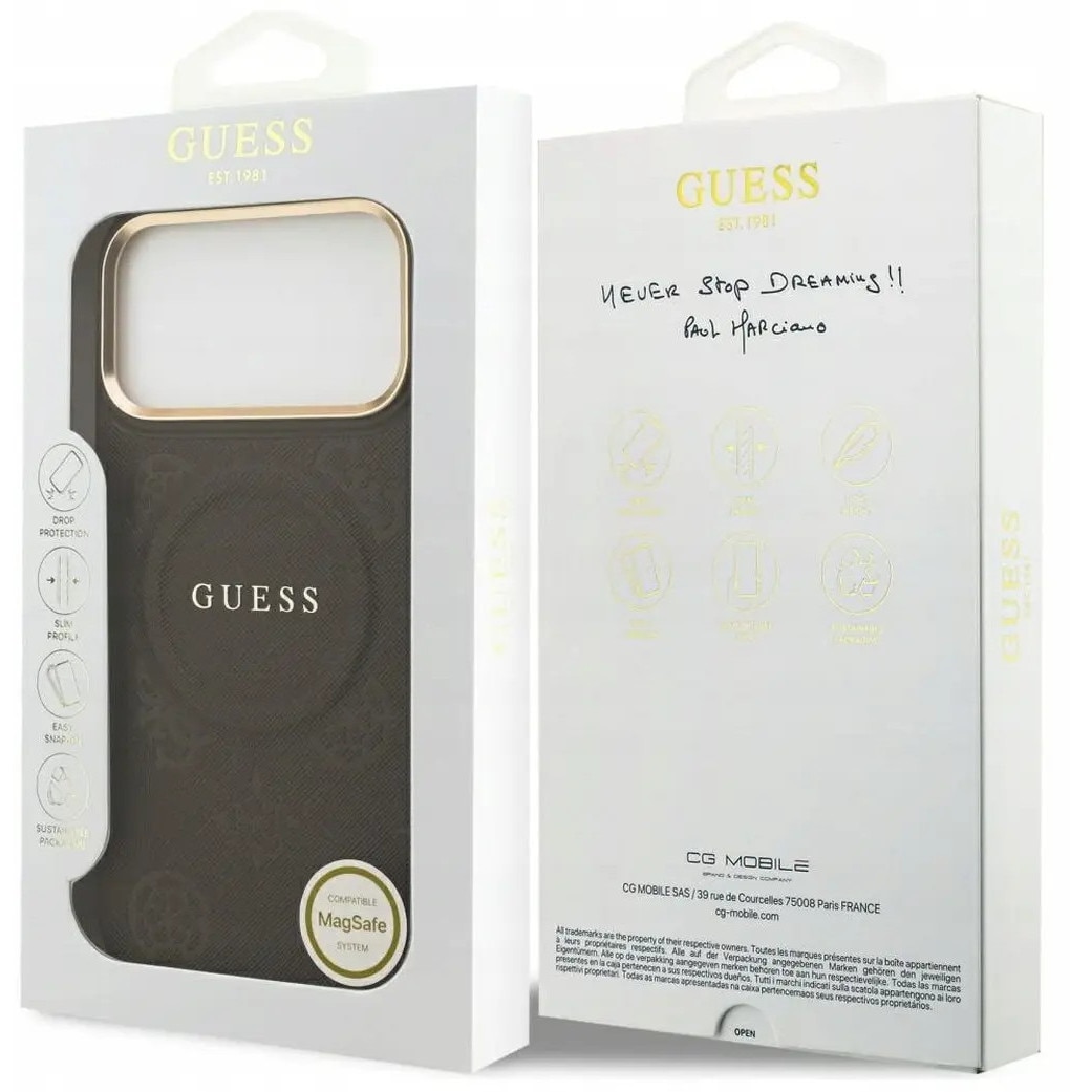 Husa Guess MagSafe pentru iPhone 17 Pro Max, PU cu model Peony Hot Stamp, GUHMP17XPSAMSECW, Maro