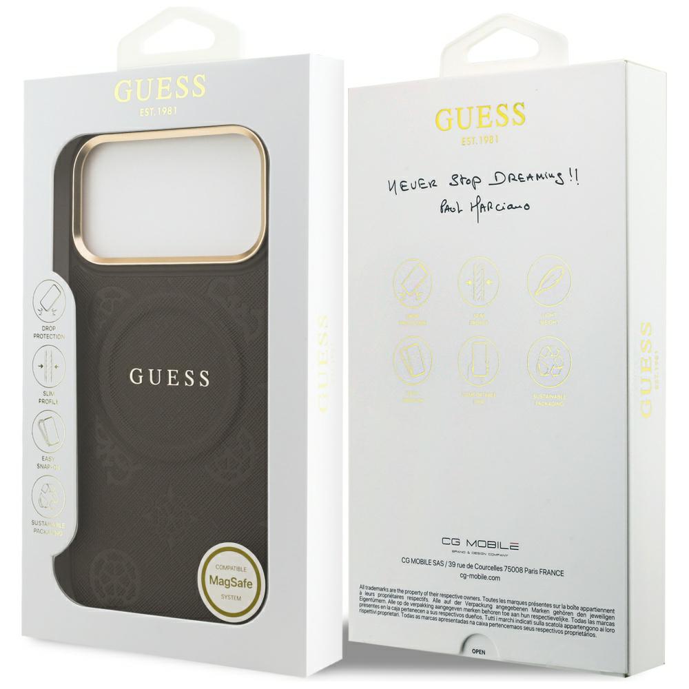 Husa Guess MagSafe pentru iPhone 17 Pro Max, PU cu model Peony Hot Stamp, GUHMP17XPSAMSECW, Maro