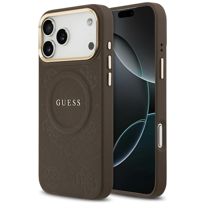 Husa Guess MagSafe pentru iPhone 17 Pro Max, PU cu model Peony Hot Stamp, GUHMP17XPSAMSECW, Maro