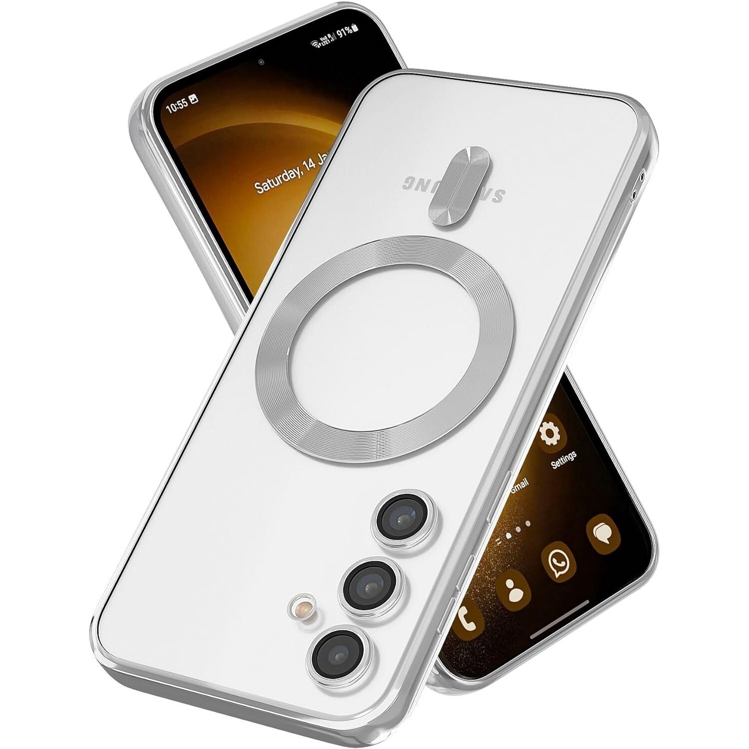 Husa compatibila cu Samsung Galaxy S24 Plus, ALC MOBILE, pentru telefon mobil cu protectie pentru camera, Tehnologie MagSafe, rezistenta la socuri, contur Silver