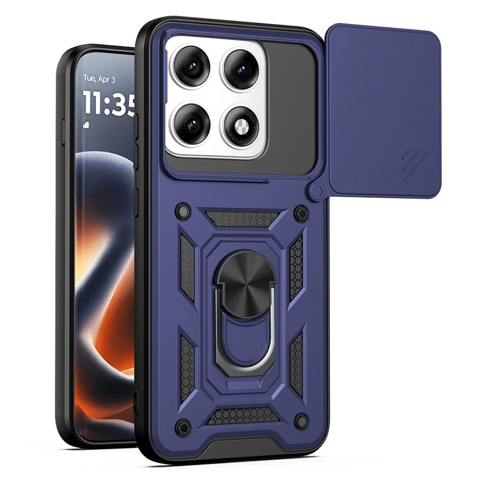 Husa pentru Motorola Edge 70 Pro, protectie camere, Inel magnetic, set cu sticker, CamShield, Albastru