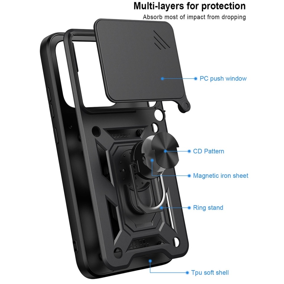 Husa pentru Motorola Edge 70 Pro, protectie camere, Inel magnetic, set cu sticker, CamShield, Albastru