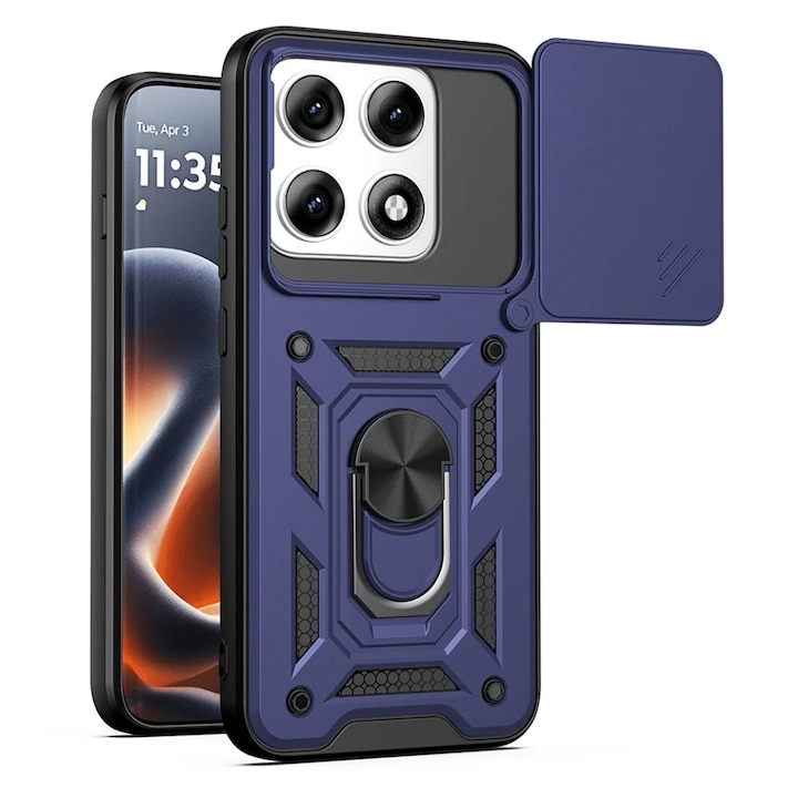 Husa pentru Motorola Edge 70 Pro, protectie camere, Inel magnetic, set cu sticker, CamShield, Albastru