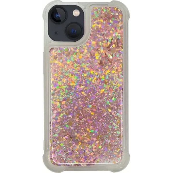 Husa Vivid Liquid Glitter, din silicon, compatibila cu Apple iPhone 13, cu glitter lichid si protectie impotriva zgarieturilor si prafului, transparent/roz auriu