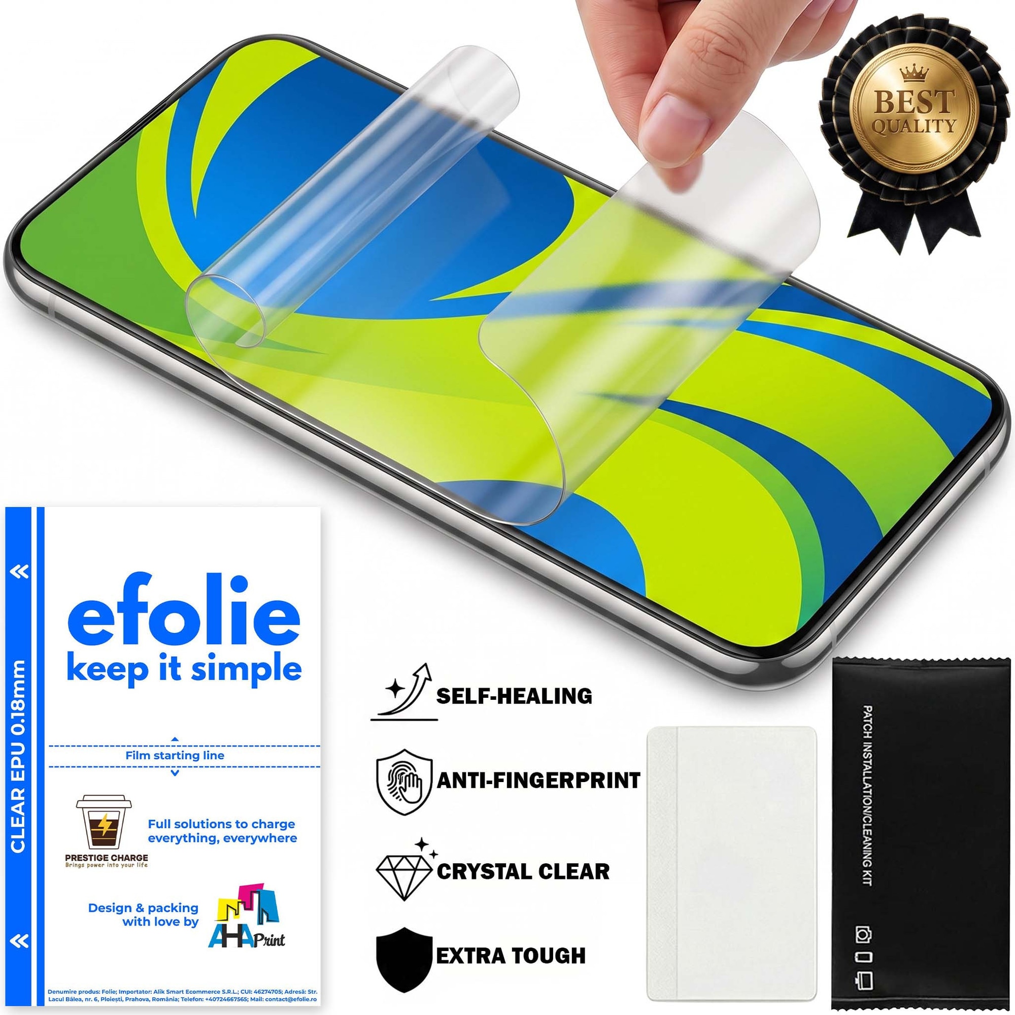 Folie de Protectie Fata Premium, efolie®, OPPO A78 5G, Transparenta, Silicon EPU 0.18mm, Auto-Regenerare, Anti-Amprenta, Strat Oleofob, Claritate HD, Protectie la Socuri si Zgarieturi, Montaj Usor Rapid, Inclus Kit Instalare
