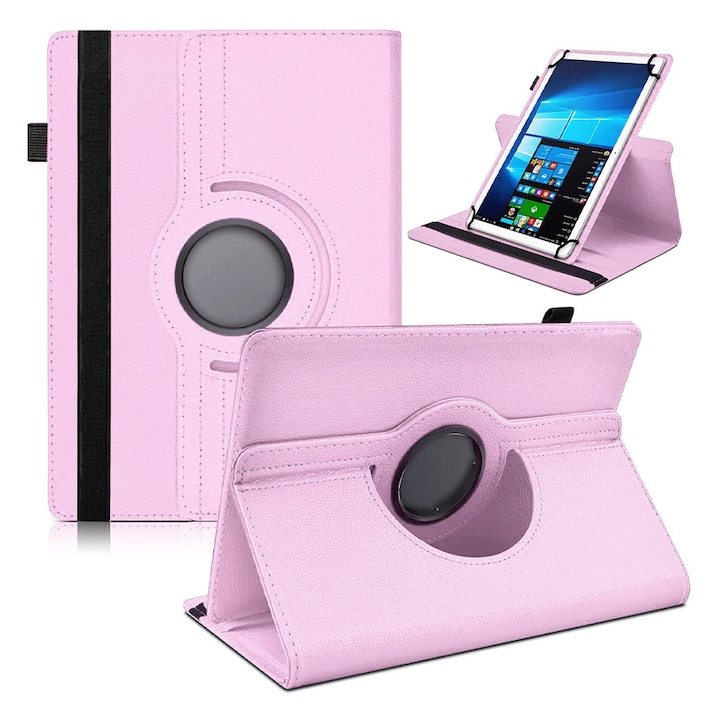 Husa Rotativa Tableta pentru Asus ZenPad 10, Stand Portret si Landscape, Inchidere Sigura, Prindere Elastica, Smart Design, Universala de 10, Roz