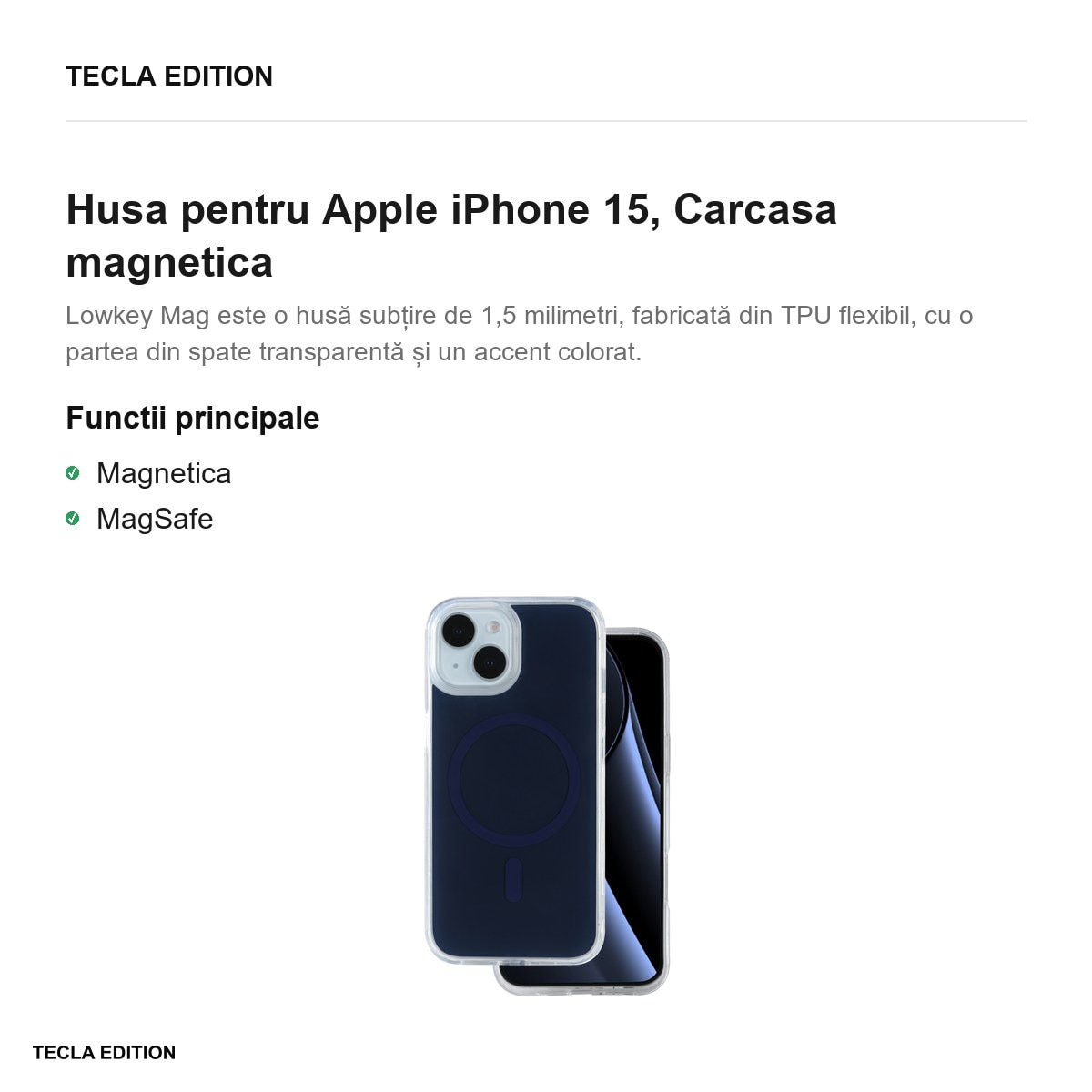 Husa Lowkey Mag pentru Apple iPhone 15, Carcasa magnetica, Albastru inchis