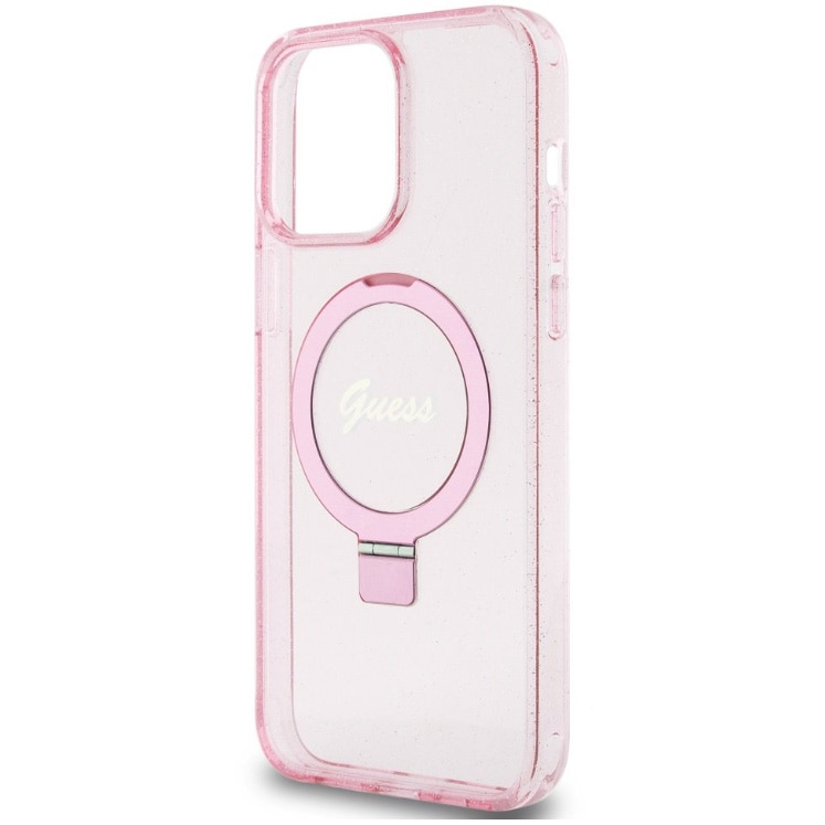 Husa de protectie Cover Guess IML Ring Stand Glitter MagSafe pentru iPhone 15 Pro, Roz