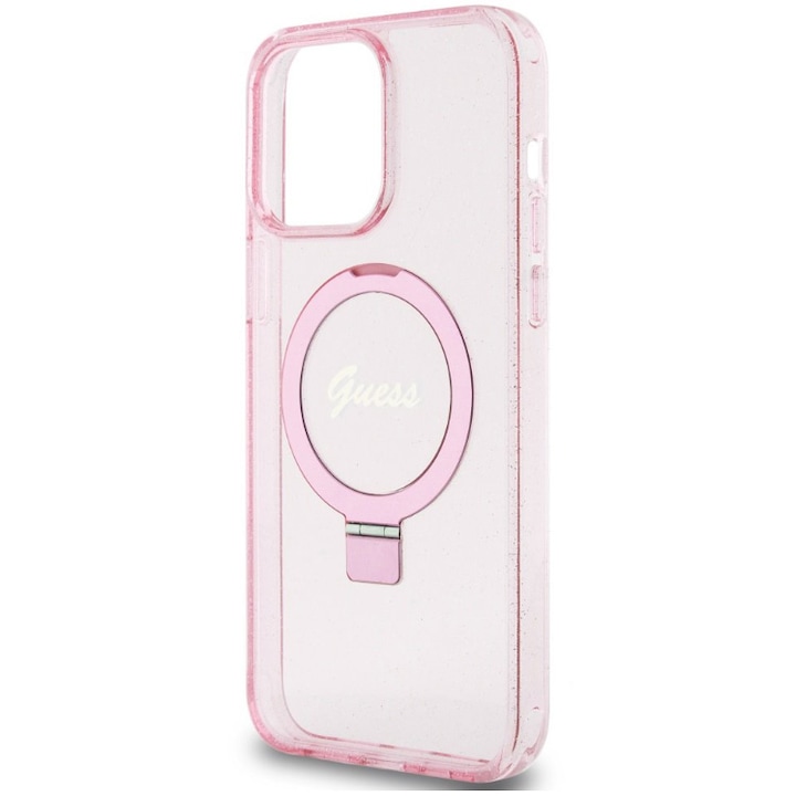 Husa de protectie Cover Guess IML Ring Stand Glitter MagSafe pentru iPhone 15 Pro, Roz
