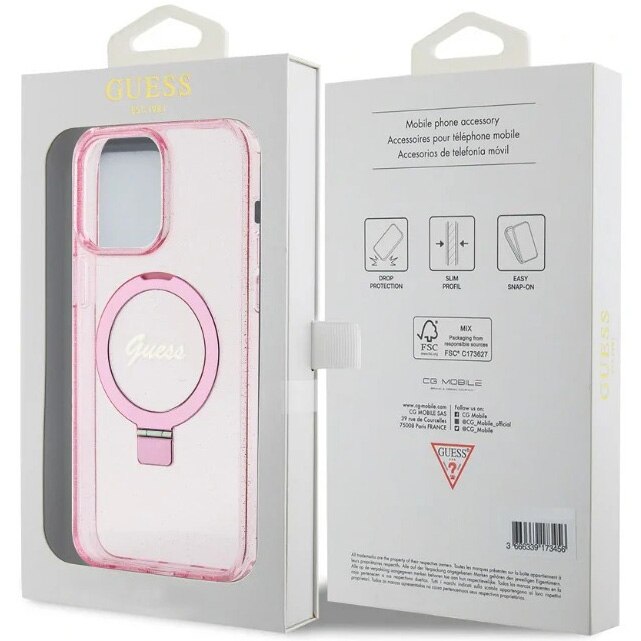 Husa de protectie Cover Guess IML Ring Stand Glitter MagSafe pentru iPhone 15 Pro, Roz