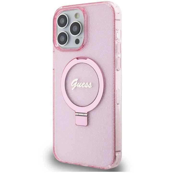 Husa de protectie Cover Guess IML Ring Stand Glitter MagSafe pentru iPhone 15 Pro, Roz