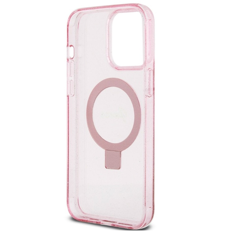 Husa de protectie Cover Guess IML Ring Stand Glitter MagSafe pentru iPhone 15 Pro, Roz