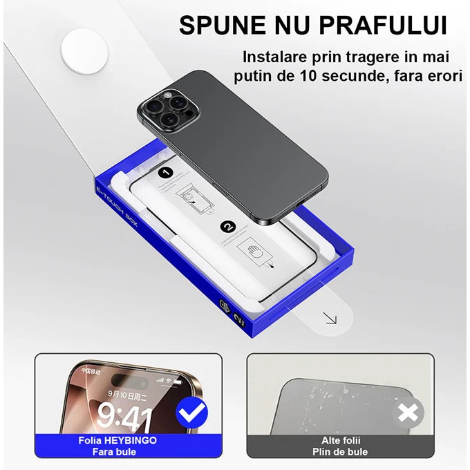 Folie Telefon Privacy pentru iPhone 17 AIR HEYBINGO, E-Touch Box, 2 Buc, din Sticla Securizata Duritate 9H, Cu Kit de Aplicare Instanta si Functie Automata de Indepartare a Prafului, Rezistenta la zgarieturi, Nu lasa amprente