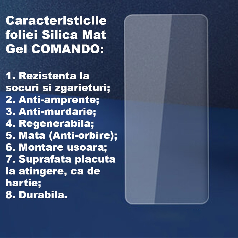 Folie Silica Mat Gel pentru Samsung Galaxy A57, Paper-Like Touch, Suprafata matuita, Protectie impotriva socurilor si zgarieturilor, Montare facila, Compatibila cu senzorul de amprenta, Regenerabila, Claritate HD, Edge to Edge