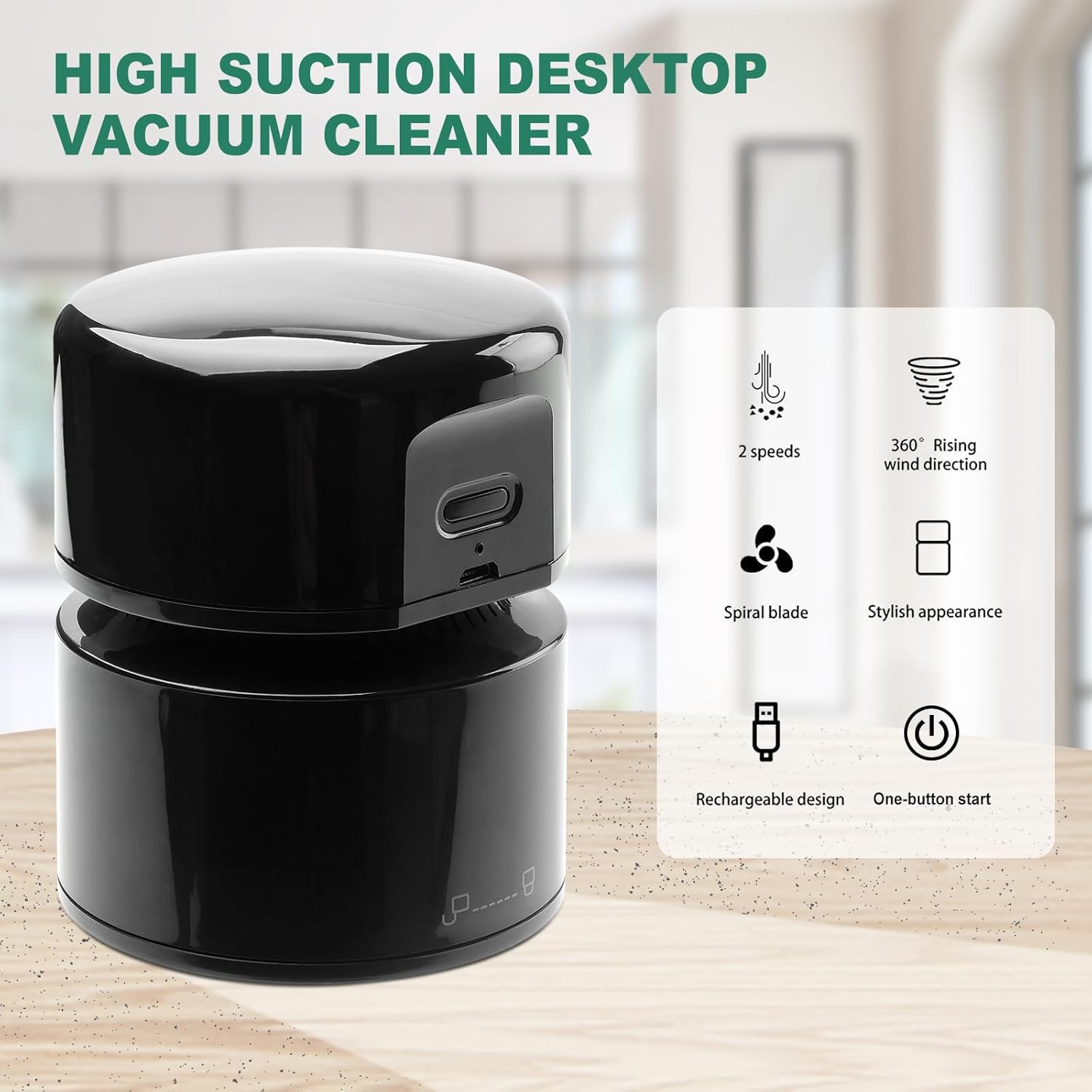 Aspirator de mana, aspirator de birou, reincarcabil USB, 120 de minute de functionare, functie de oprire automata, aspirator de mana fara fir la 360° pentru scoala, birou, acasa, negru