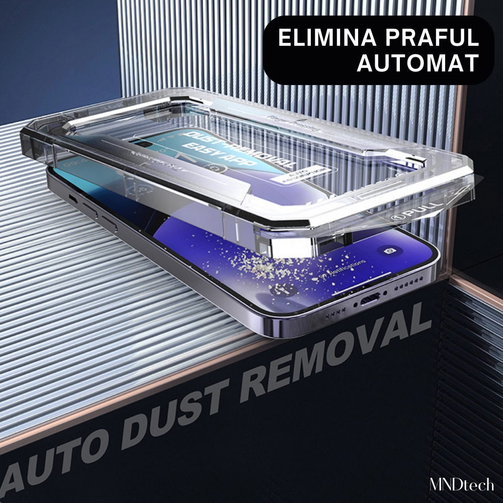 Folie Protectie Premium MNDtech® pentru iPhone 14 Plus/13 Pro Max, 3 buc, Sticla Securizata Premium HD cu Carcasa pentru Aplicare si Functie Automata in Eliminarea Prafului si a Bulelor, Hidrofoba, Full Cover, 0.3mm, Anti-Amprente, Dust Removal, Easy App