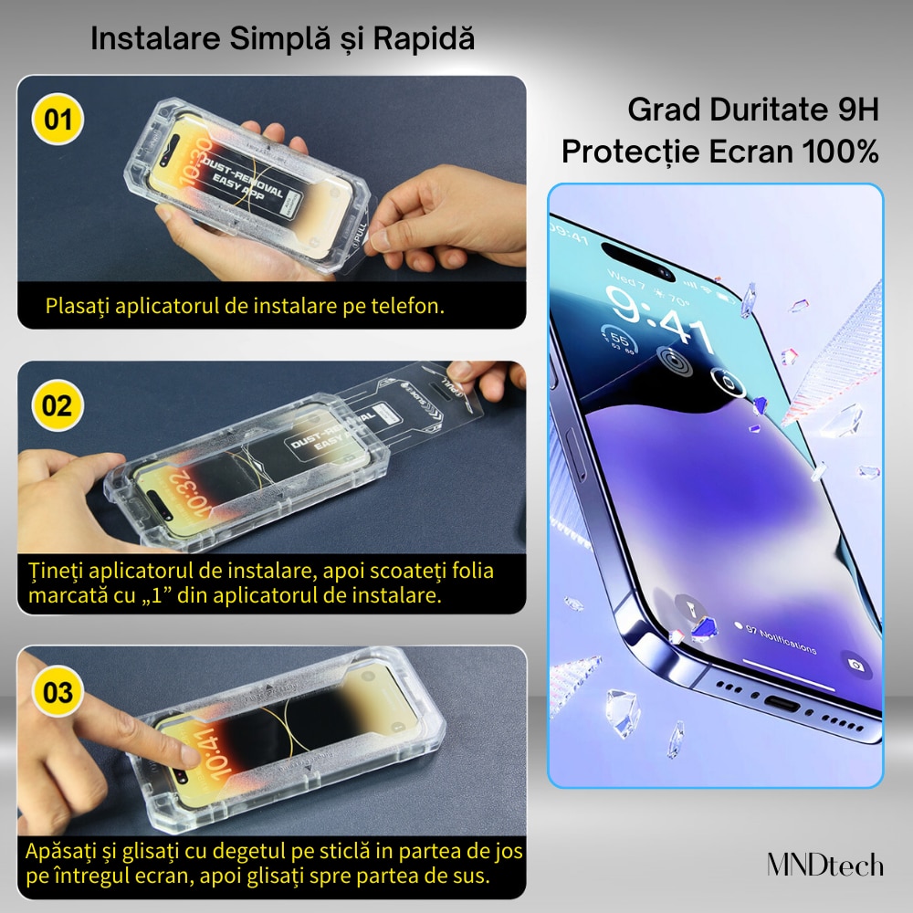 Folie Protectie Premium MNDtech® pentru iPhone 14 Plus/13 Pro Max, 3 buc, Sticla Securizata Premium HD cu Carcasa pentru Aplicare si Functie Automata in Eliminarea Prafului si a Bulelor, Hidrofoba, Full Cover, 0.3mm, Anti-Amprente, Dust Removal, Easy App