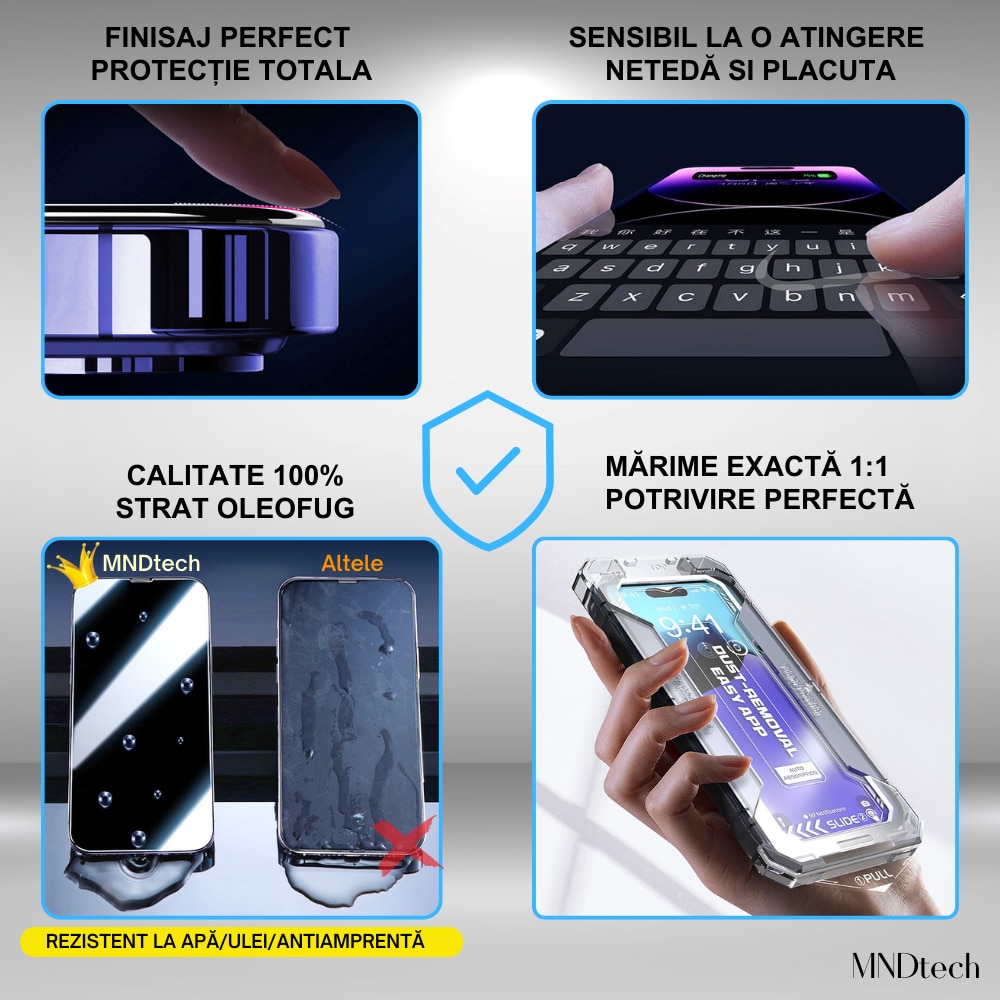 Folie Protectie Premium MNDtech® pentru iPhone 14 Plus/13 Pro Max, 3 buc, Sticla Securizata Premium HD cu Carcasa pentru Aplicare si Functie Automata in Eliminarea Prafului si a Bulelor, Hidrofoba, Full Cover, 0.3mm, Anti-Amprente, Dust Removal, Easy App