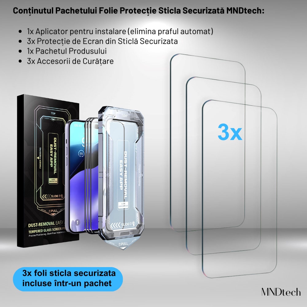 Folie Protectie Premium MNDtech® pentru iPhone 14 Plus/13 Pro Max, 3 buc, Sticla Securizata Premium HD cu Carcasa pentru Aplicare si Functie Automata in Eliminarea Prafului si a Bulelor, Hidrofoba, Full Cover, 0.3mm, Anti-Amprente, Dust Removal, Easy App