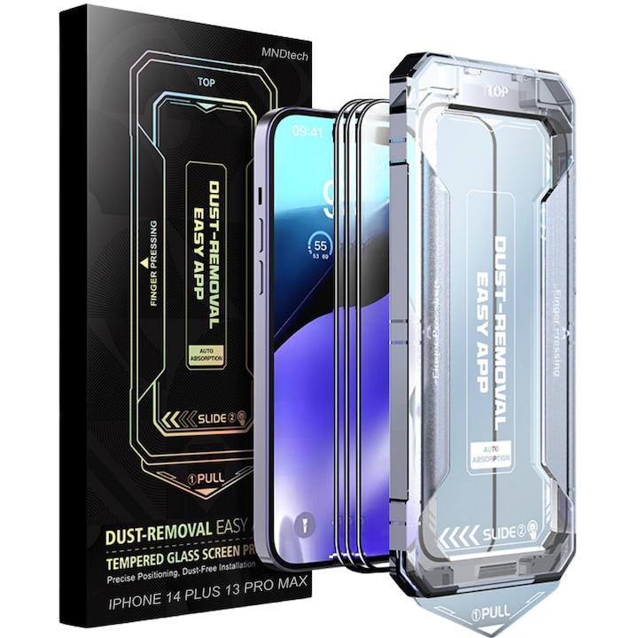 Folie Protectie Premium MNDtech® pentru iPhone 14 Plus/13 Pro Max, 3 buc, Sticla Securizata Premium HD cu Carcasa pentru Aplicare si Functie Automata in Eliminarea Prafului si a Bulelor, Hidrofoba, Full Cover, 0.3mm, Anti-Amprente, Dust Removal, Easy App