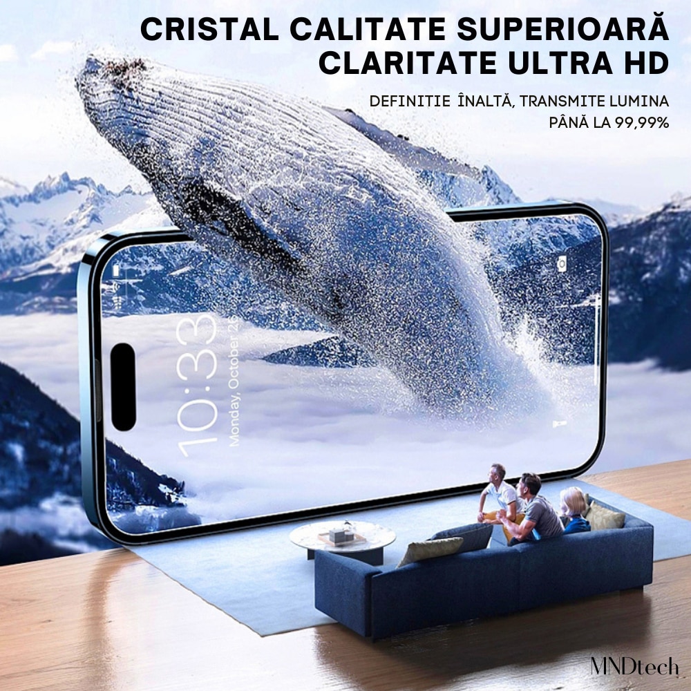 Folie Protectie Premium MNDtech® pentru iPhone 14 Plus/13 Pro Max, 3 buc, Sticla Securizata Premium HD cu Carcasa pentru Aplicare si Functie Automata in Eliminarea Prafului si a Bulelor, Hidrofoba, Full Cover, 0.3mm, Anti-Amprente, Dust Removal, Easy App
