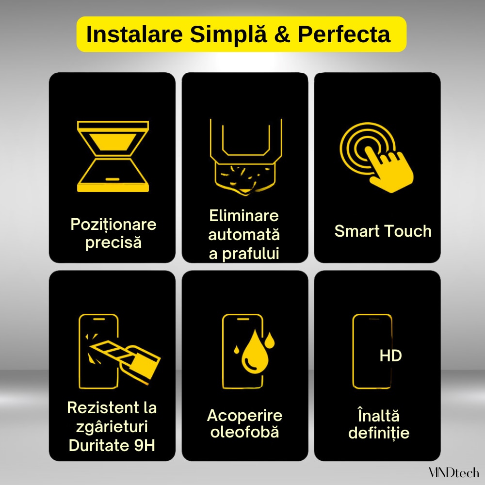 Folie Protectie Premium MNDtech® pentru iPhone 14 Plus/13 Pro Max, 3 buc, Sticla Securizata Premium HD cu Carcasa pentru Aplicare si Functie Automata in Eliminarea Prafului si a Bulelor, Hidrofoba, Full Cover, 0.3mm, Anti-Amprente, Dust Removal, Easy App