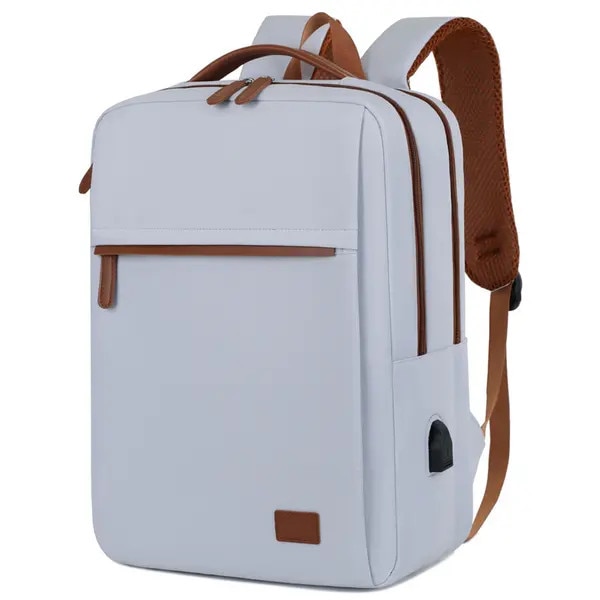 Rucsac laptop din poliester rezistent la apa cu port USB, compartiment dedicat pentru laptop, curea pentru trolley si buzunare multiple, gri deschis/maro, 42 x 31 x 14 cm
