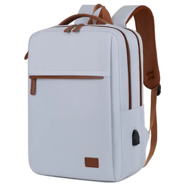 Rucsac laptop din poliester rezistent la apa cu port USB, compartiment dedicat pentru laptop, curea pentru trolley si buzunare multiple, gri deschis/maro, 42 x 31 x 14 cm