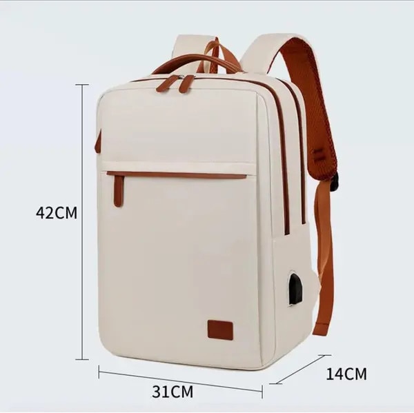 Rucsac laptop din poliester rezistent la apa cu port USB, compartiment dedicat pentru laptop, curea pentru trolley si buzunare multiple, gri deschis/maro, 42 x 31 x 14 cm