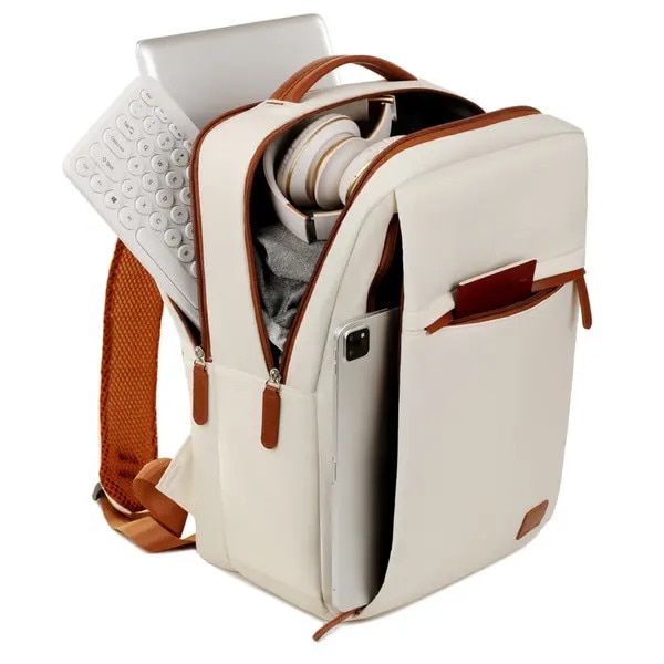 Rucsac laptop din poliester rezistent la apa cu port USB, compartiment dedicat pentru laptop, curea pentru trolley si buzunare multiple, gri deschis/maro, 42 x 31 x 14 cm