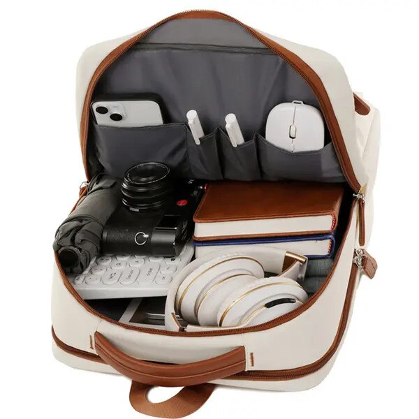 Rucsac laptop din poliester rezistent la apa cu port USB, compartiment dedicat pentru laptop, curea pentru trolley si buzunare multiple, gri deschis/maro, 42 x 31 x 14 cm