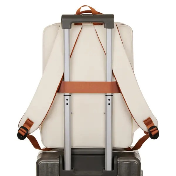 Rucsac laptop din poliester rezistent la apa cu port USB, compartiment dedicat pentru laptop, curea pentru trolley si buzunare multiple, gri deschis/maro, 42 x 31 x 14 cm