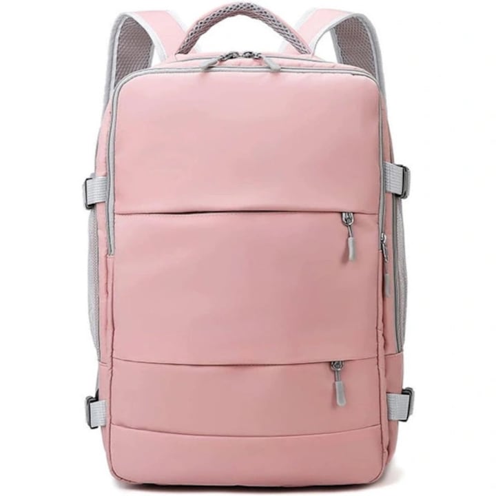 Rucsac de laptop din poliester impermeabil, anti-furt, capacitate mare, compartiment pentru echipament sport, bretele captusite si curea detasabila Campus, Roz