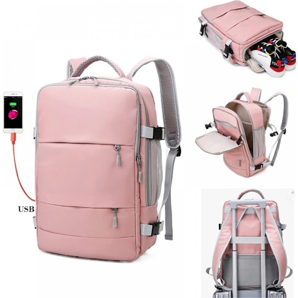 Rucsac de laptop din poliester impermeabil, anti-furt, capacitate mare, compartiment pentru echipament sport, bretele captusite si curea detasabila Campus, Roz
