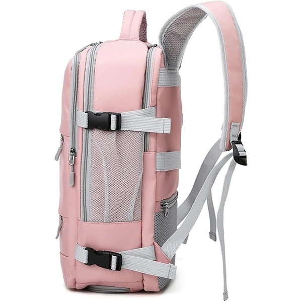 Rucsac de laptop din poliester impermeabil, anti-furt, capacitate mare, compartiment pentru echipament sport, bretele captusite si curea detasabila Campus, Roz