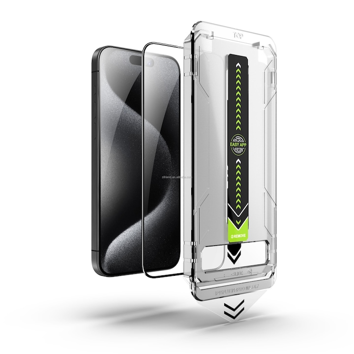 Set 2 Folii Protectie, Ecran Din Sticla Securizata, Cu Dispozitiv De Aplicare Automata In 30 De Secunde Cu Easy App, Compatibil cu iphone 15 pro