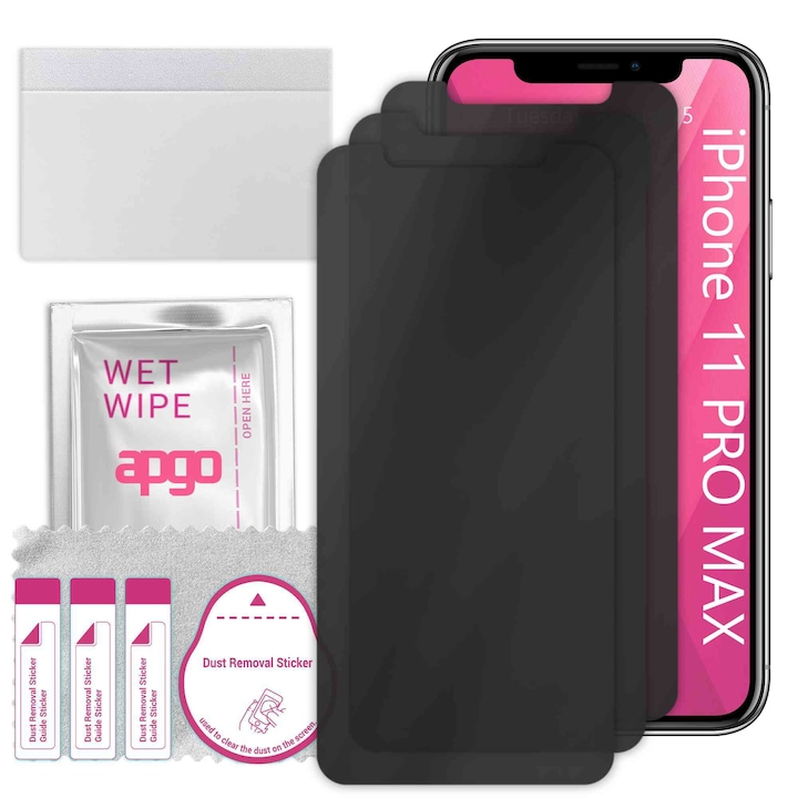 3x Sticla de protectie PRIVACY apgo pentru Apple iPhone 11 Pro Max – sticla hibrid, full glue, flexible glass