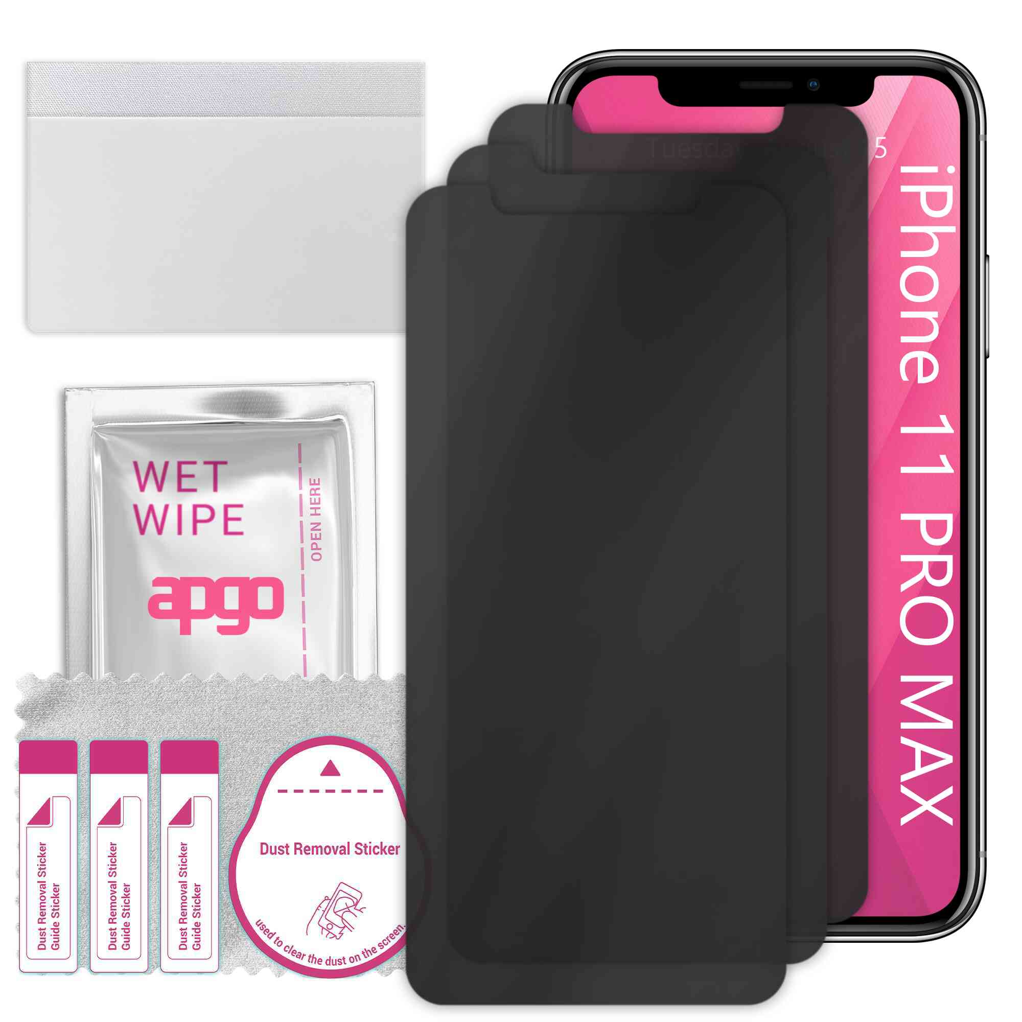 3x Sticla de protectie PRIVACY apgo pentru Apple iPhone 11 Pro Max – sticla hibrid, full glue, flexible glass