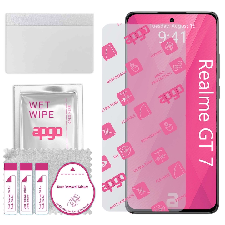 Sticla de protectie apgo pentru Realme GT 7 – sticla hibrida, securizata pentru display, lucioasa, flexible Hybrid Glass, full glue
