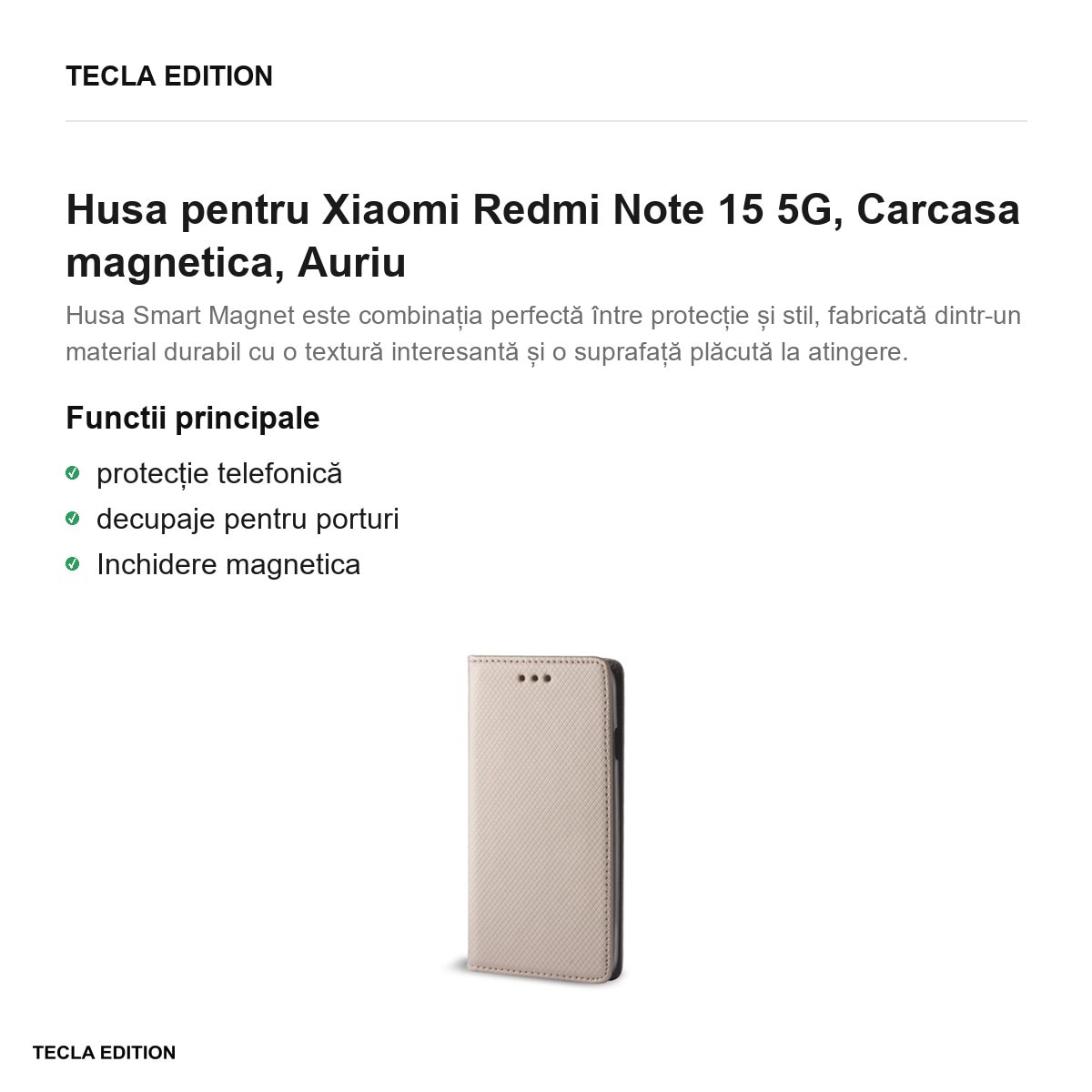Husa Smart Magnet pentru Xiaomi Redmi Note 15 5G, tip carte cu inchidere magnetica, Auriu