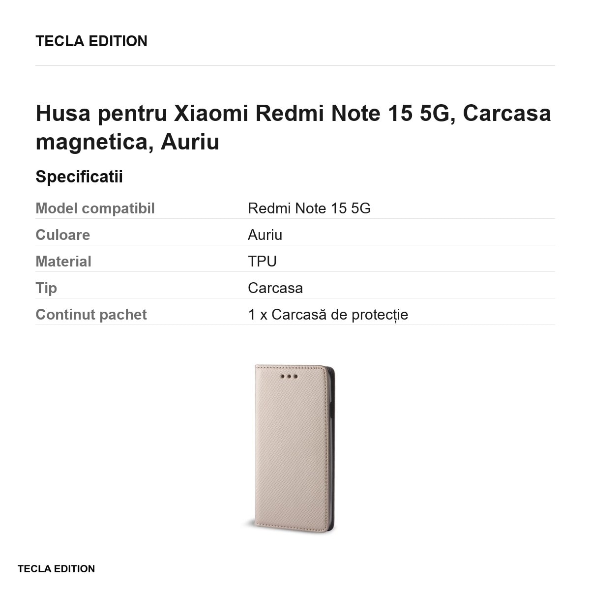 Husa Smart Magnet pentru Xiaomi Redmi Note 15 5G, tip carte cu inchidere magnetica, Auriu