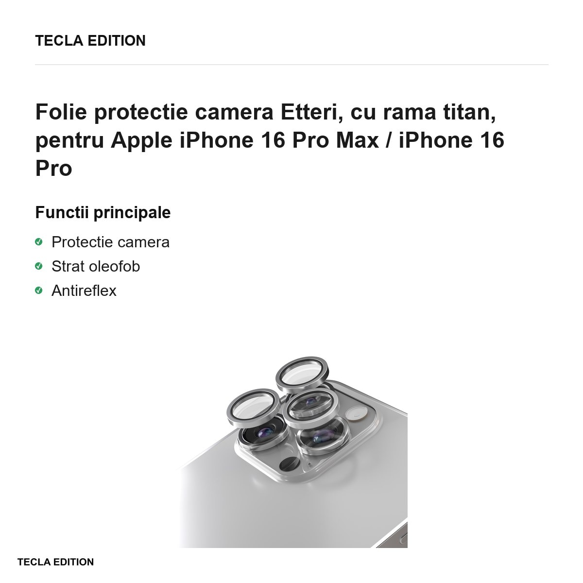 Folie protectie camera Etteri, cu rama titan, pentru Apple iPhone 16 Pro Max / iPhone 16 Pro