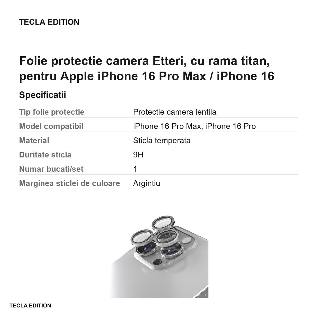 Folie protectie camera Etteri, cu rama titan, pentru Apple iPhone 16 Pro Max / iPhone 16 Pro